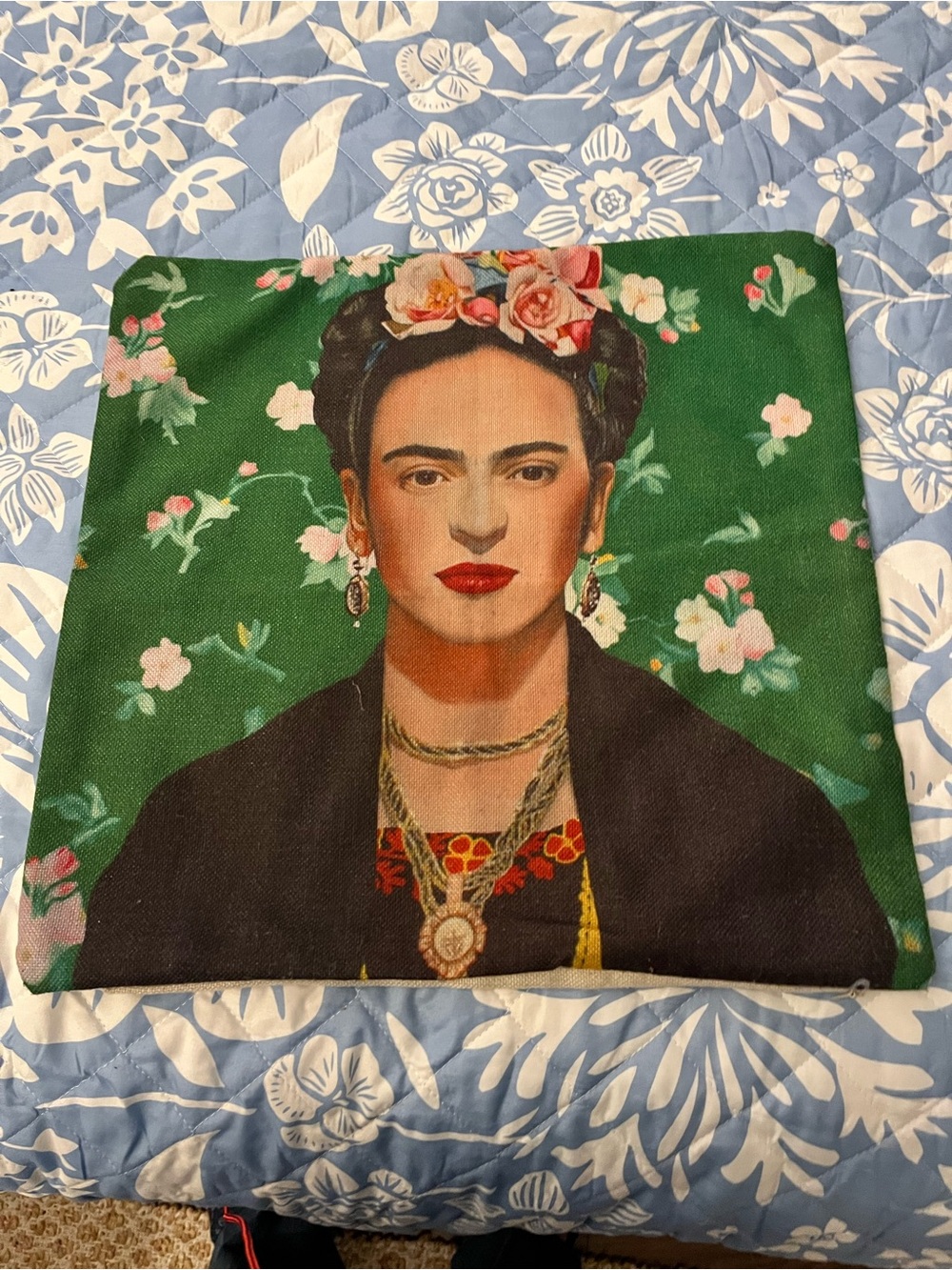 Frida Kahlo Portrait Decorative Pillow Cover - Green Floral